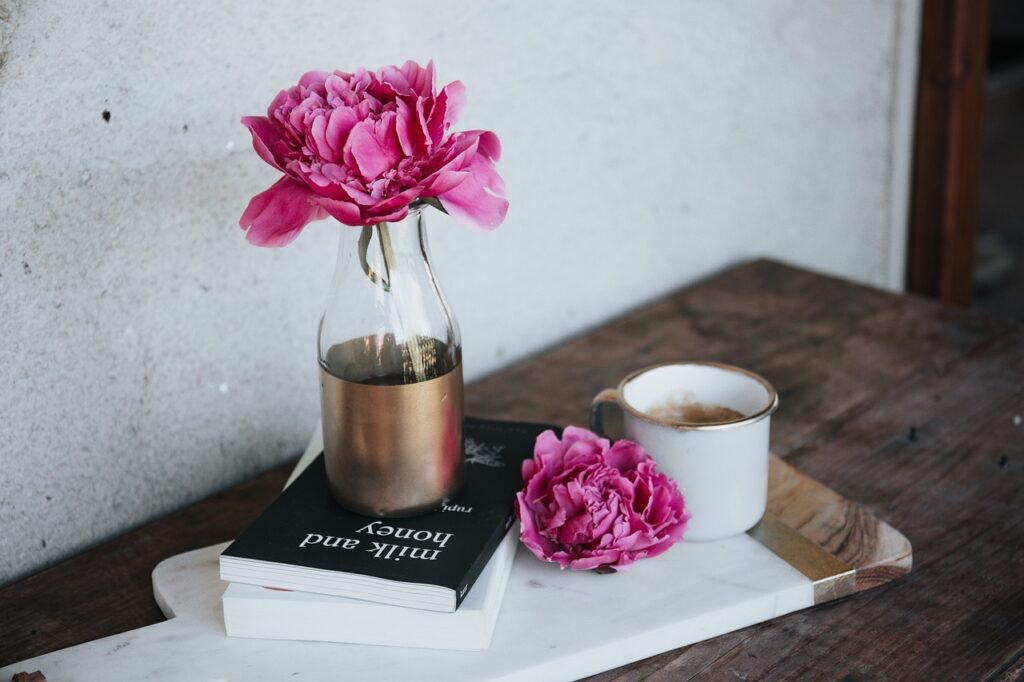 pink, flower, vase, flower background, nature, display, table, flower wallpaper, beautiful flowers, books, coffee